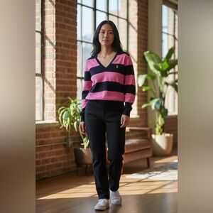 Ralph Lauren Sport Pink and Navy V-Neck Stripped Sweater Trendy Work Casual